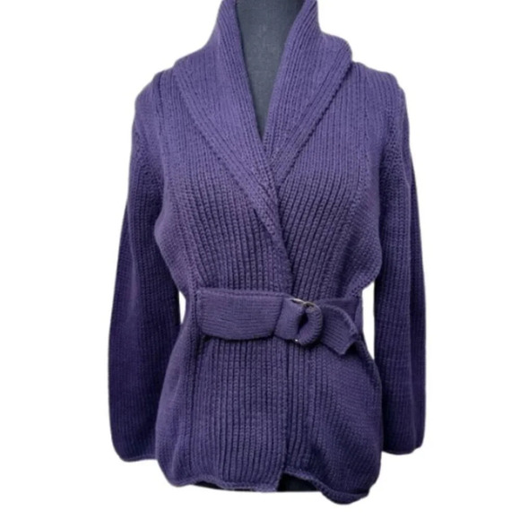 Pure Handknit womens Xsmall/Small Chunky Purple Belt Buckle Cardigan - Picture 1 of 14